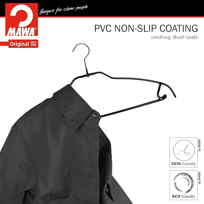 Mawa by Reston Lloyd Silhouette Ultra-Thin Series, Non-Slip Space Saving Shirt Hanger with Pant Bar & Skirt Hooks, Style 42/FTU, Pack of 130, Black
