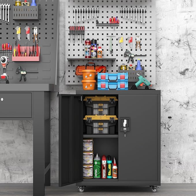 31.5''H Metal Storage Cabinets with Lock, Metal Garage Storage Cabinet on Wheels, Lockable Rolling Tool Chest Cabinet with Doors & Adjustable Shelves for Garage, Home, Office, Assembly Required