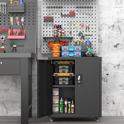 31.5''H Metal Storage Cabinets with Lock, Metal Garage Storage Cabinet on Wheels, Lockable Rolling Tool Chest Cabinet with Doors & Adjustable Shelves for Garage, Home, Office, Assembly Required
