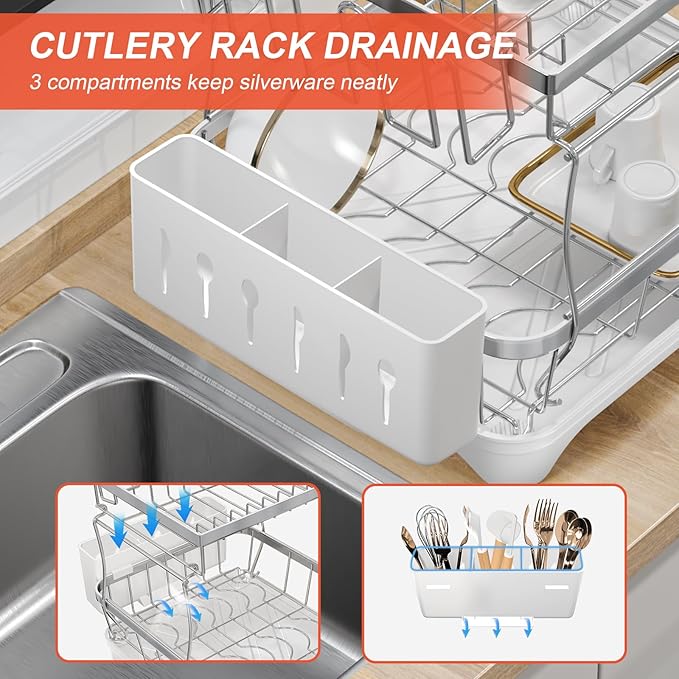 HOMEAILIE Dish Drying Rack for Kitchen Counter, 2-Tier 304 Stainless Steel Dish Rack with Adjustable Drainage Board, Removable Cup Holder, Utensil Holder, White