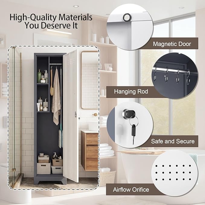 65"H Slim Broom Storage Cabinets, Metal Lockable Storage Cabinet with Single Door, Utility Cabinet for Brooms and Mops, Cleaning Storage Cabinet with Hanging Rod & S-Hooks for Bathroom, Garage