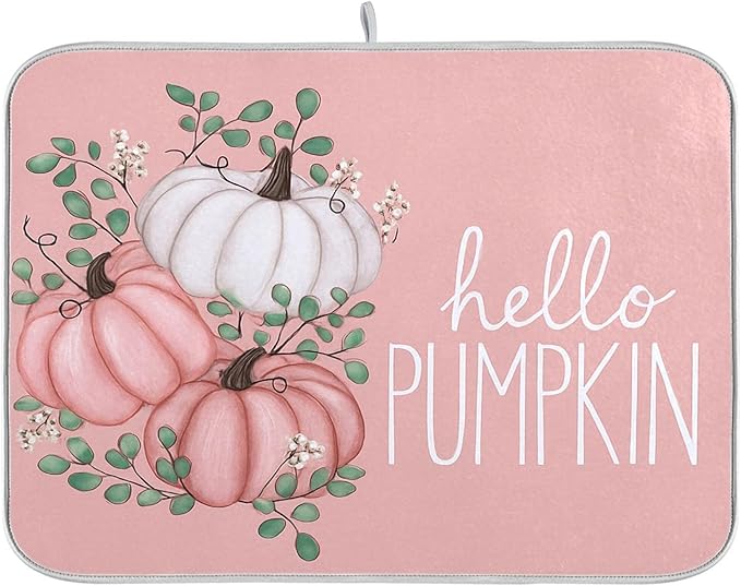 Hello Pumpkin Pink Dish Drying Mat for Kitchen Countertop 16x18 Fall Leaves Rectangle Small Drying Mat Reusable Quick Dry Dish Sink Absorbent Mats Dishwasher Easy Clean Decorative Home Essentials