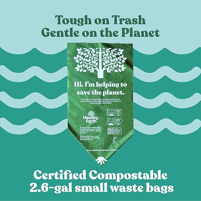 Healthy Earth 2.6 Gallon Compostable Trash Bags – 100 Count Small Trash & Kitchen Compost Bags for Countertop Bins, Extra Thick Plant-Based Food Scrap Liners, BPI & TÜV Certified ASTM D6400