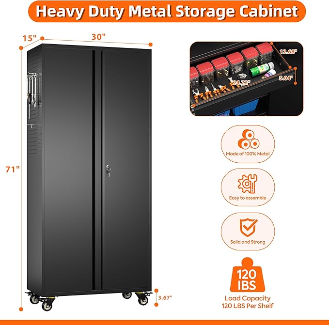 Aobabo Metal Storage Cabinet with Wheels and Adjustable Pegboard, 71" H Steel Rolling Cabinet with 16 Hooks and 1 Interior Drawers for Garage, Home, Office, Kitchen, Black, Assembly Required