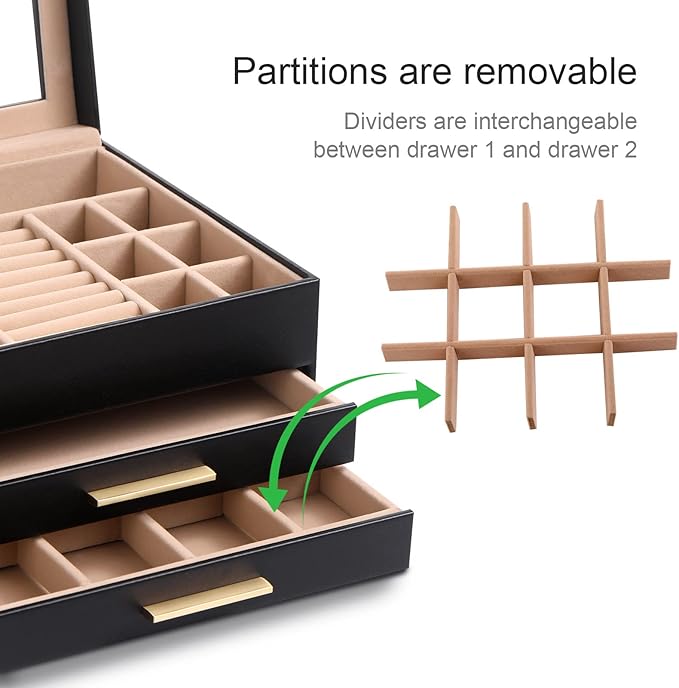 Jewelry Box Organizer for Women,3 Layers Jewelry Storage Display Box with Glass Lid,Gift for Christmas,3 Drawers,Large Capacity for Necklace Earrings Bracelets Rings,Black