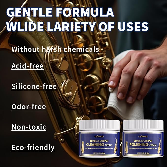 QONS Brass Polish Copper Cream Cleaner Kit - Instant Polishing Cream And Protective Tarnish Removal, Metal Cleaner And Brightener For Antiques, Music Instruments, Copper Kettle And Sinks