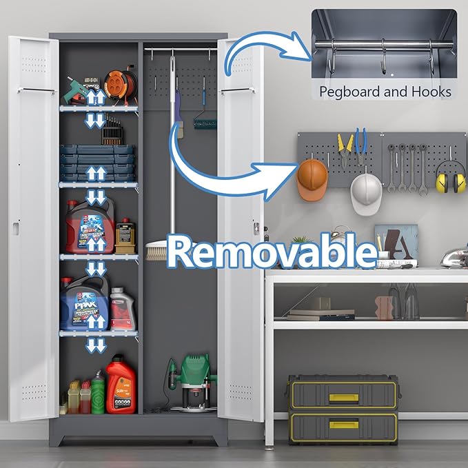 72.8" H Metal Garage Storage Cabinets with Doors and Shelves, Broom Closet Storage Cabinet, Tool Cabinets with Hanging Rod, Cleaning Storage Cabinets for Garage,Bedroom Office Grey&White