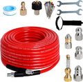 Zejoot Sewer Jetter Kit for Pressure Washer 50FT, 5800PSI Drain Cleaner Hose 1/4 Inch NPT Corner with 5 Sewer Jetting Nozzles，Waterproof Tape，Pearl Corsage Pin & 2 Spanners (Red)