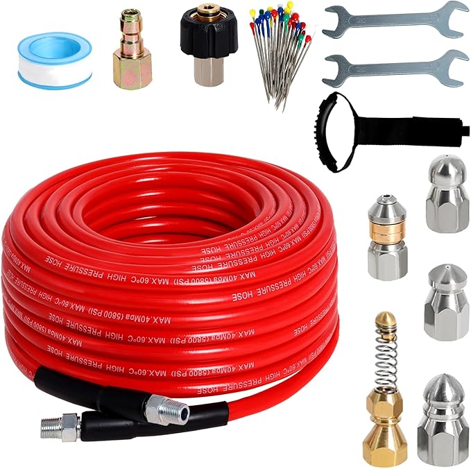 Zejoot Sewer Jetter Kit for Pressure Washer 50FT, 5800PSI Drain Cleaner Hose 1/4 Inch NPT Corner with 5 Sewer Jetting Nozzles，Waterproof Tape，Pearl Corsage Pin & 2 Spanners (Red)