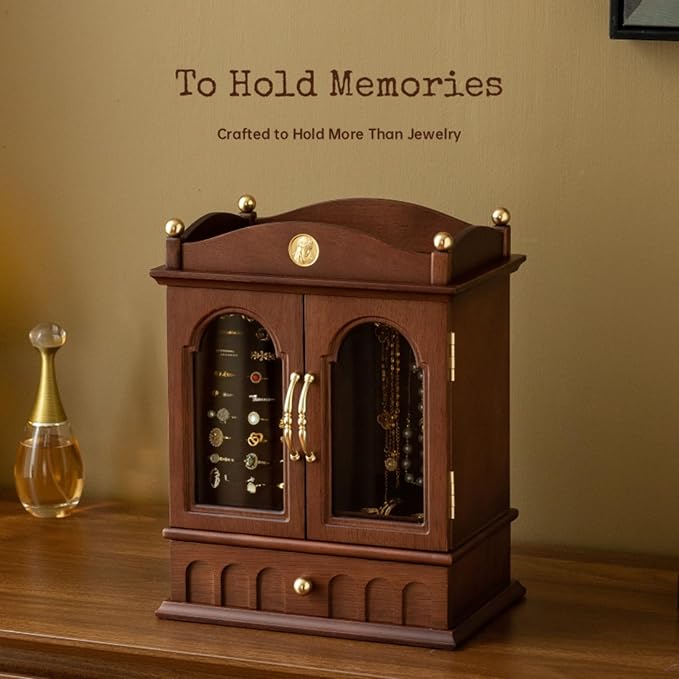 Kinsuite Black Walnut Jewelry Box, Solid Wood Display Cabinet with Rotating Hook & Glass Doors, Vintage Organizer for Rings, Necklaces, Watches Gift for Her