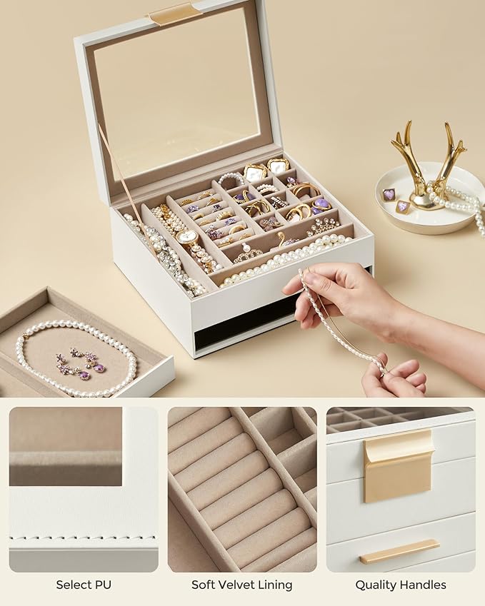 SONGMICS Jewelry Box Organizer with Glass Lid, 2-Layer Jewelry Storage, with 1 Drawer, Modern Style, 8 x 9.1 x 4.1 Inches, Cloud White and Gold Color UJBC174W01