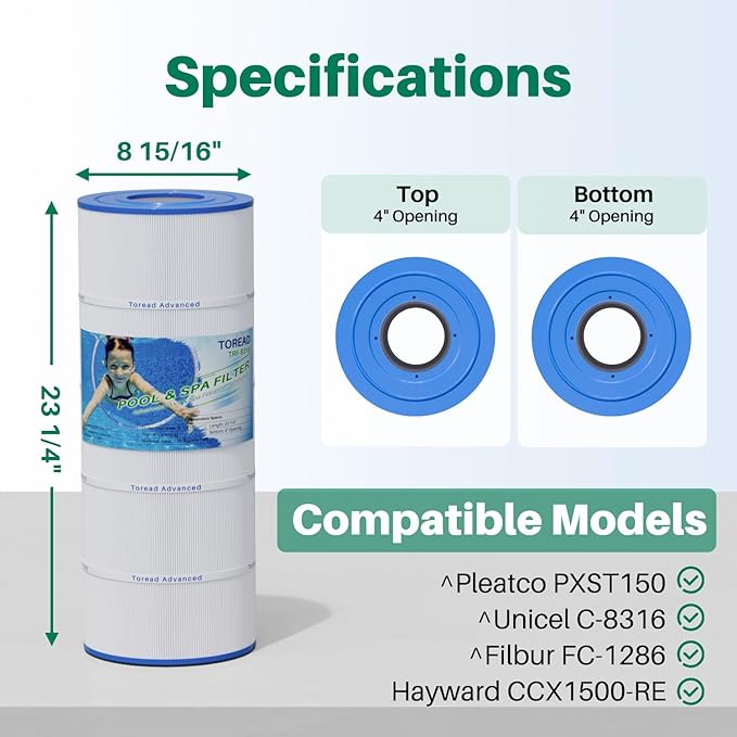 TOREAD Pool Filter Replaces Hayward X-Stream CC1500, CCX1500-RE, Pleatco PXST150, Ultral-B3, Unicel C-8316, Filbur FC-1286, Waterway Pro Clean 150,150 Sq.Ft Filter Cartridge, 1 Pack