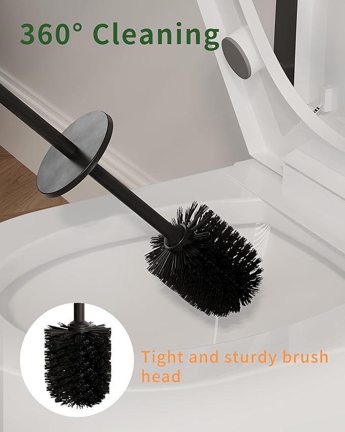WZKALY Toilet Brush and Holder Set, Toilet Bowl Brush for Bathroom with Long Handle, Stainless Steel Toilet Cleaner Brush with Durable Scrubbing Bristles,Splash-Proof (Matte Black)