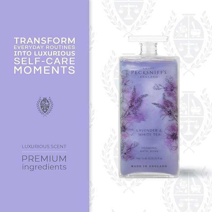 Pecksniff’s Lavender & White Tea Foaming Bath Soak – Luxury Bubble Bath, 1L / 33.8 fl oz, Made in England