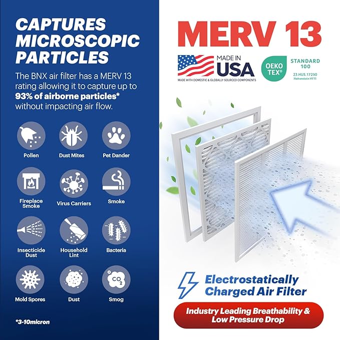 BNX TruFilter 16x16x1 Air Filter MERV 13 (4-Pack) - MADE IN USA - Electrostatic Pleated Air Conditioner HVAC AC Furnace Filters for Allergies, Pollen, Mold, Bacteria, Smoke, Allergen, MPR 1900 FPR 10