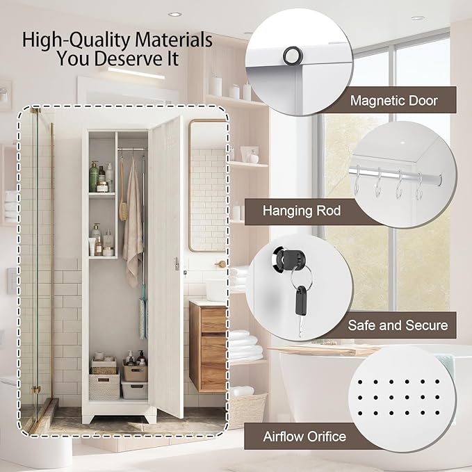 Slim Broom Closet Storage Cabinet, 65" H Metal Cabinets with Locking Door and Shelves & S-Hooks, Utility Closet, Narrow Storage Cabinets for Home Office, Pantry, Bathroom, Garage, White