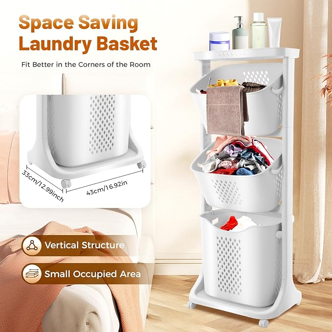 Laundry Basket, 3 Tier Sorter Clothes Storage Hampe Organizer Shelf Rolling Cart With 4 Wheels 55.12lbs Load White For Kitchens, Bathrooms, Bedrooms, Dormitories, Classrooms, Laundry Rooms