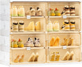 JEKO&JEKO 4-Tier Foldable Shoe Storage Box with Magnetic Doors, Large Stackable Shoe Organizer Cabinet for Entryway, Clear Front Door Shoe Boxes Hold Up to 16 Pairs (White)