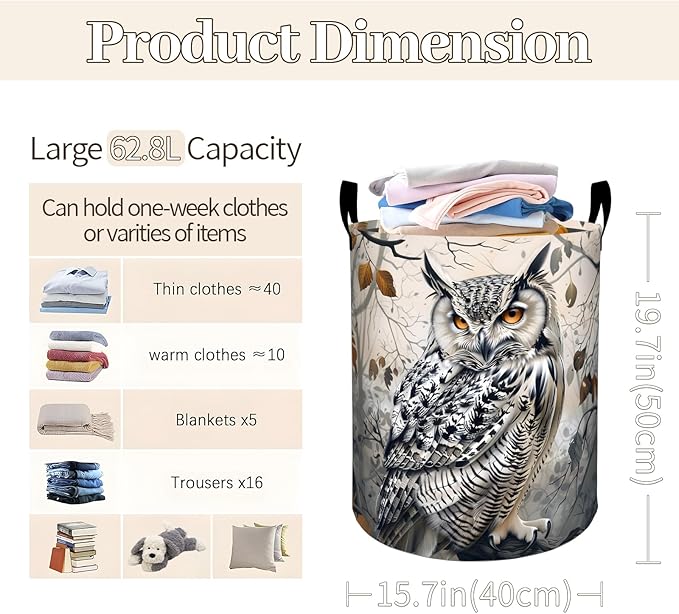 Majestic Owl Laundry Basket 19.7"x15.7", Collapsible Dirty Clothes Waterproof Forest Animal Laundry Hamper Organizer Toy Storage Bin for Dorm Nursery Bathroom Decor