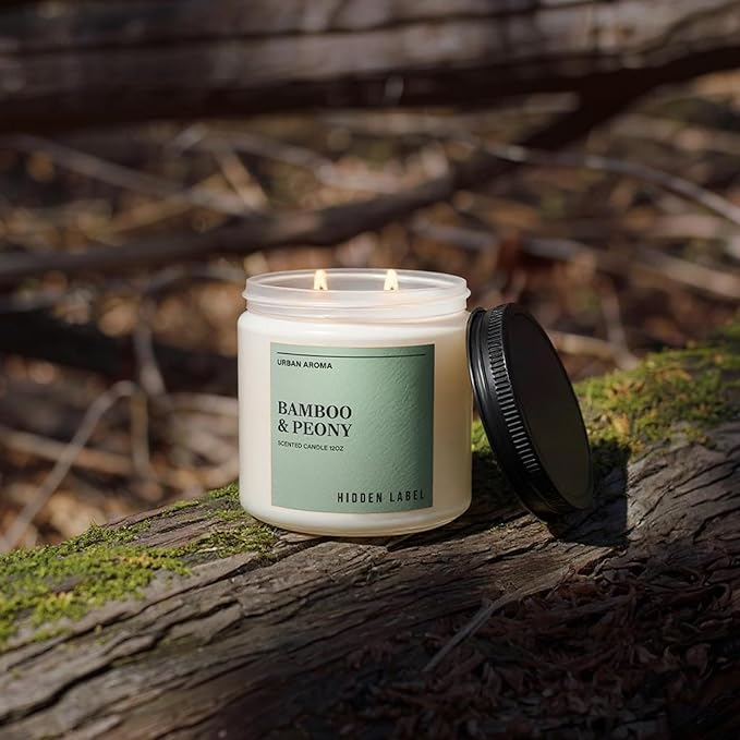 Hidden Label Bamboo Peony Scented Candle, 12oz 2 Wick Natural Soy Non Toxic Candles, Clean Burning Long Lasting Aromatherapy for Home | Gifts | Décor,Premium Scents for Relaxation & Stress Relief