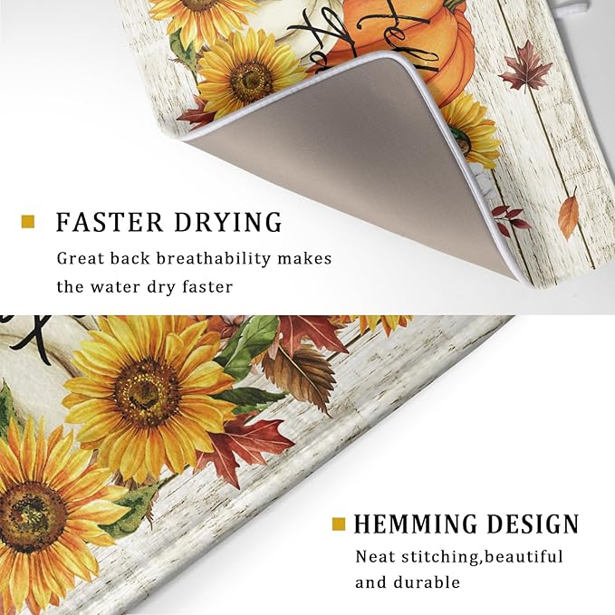 Hello Fall Dish Drying Mat Autumn Pumpkin Dish Drainer Rack Mats 18"x24" Fast Dry Microfiber Dish Drying Pad for Kitchen Countertop Table