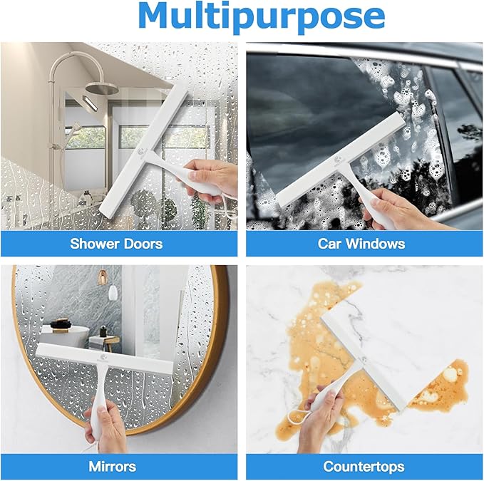 ROLIZOE Shower Squeegee for Glass Doors, 11 Inch Ergonomics Anti-Rust Silicone Squeegee with Stainless Steel Frame for Shower Glass Door, Mirrors, Tiles and Windows Cleaning, White