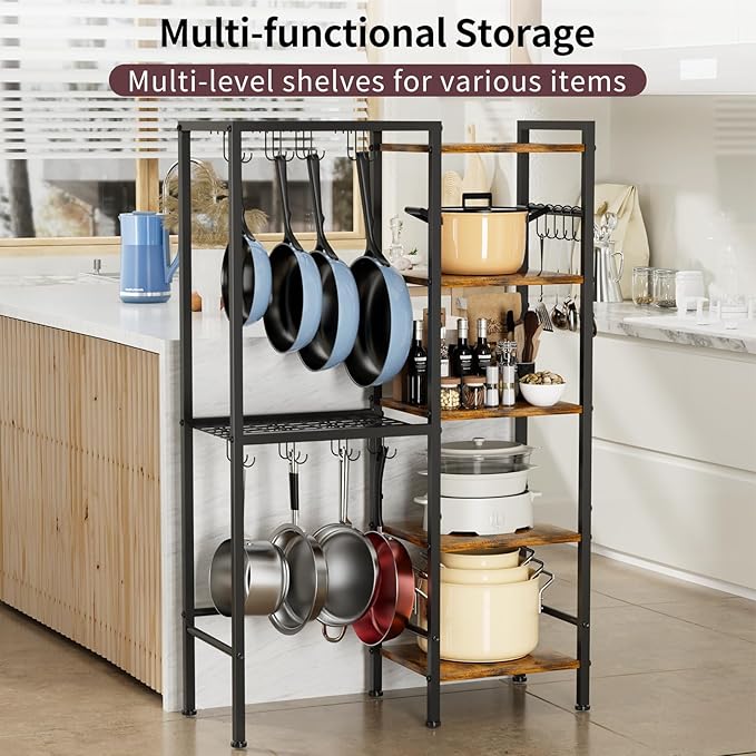 OMISRUIS 5-Tier Pot and Pan Organizer Rack with Hooks, Heavy-Duty Kitchen Storage Shelf for Cookware, Dishes, and Utensils, Freestanding Metal Pot Rack Organizer for Kitchen, Pantry, or Dining Room