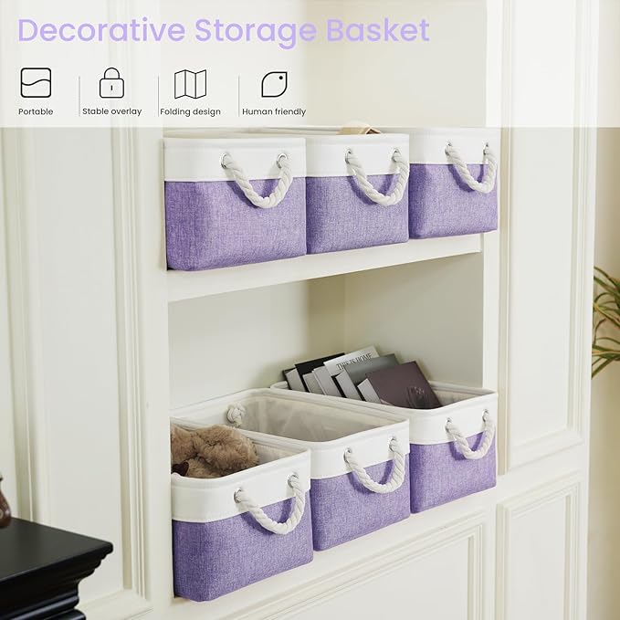 Storage Baskets for Shelves 13.8x9.8x6.7 Inch, Foldable Fabric Storage Bins with Handles, Small Storage Baskets for Organizing Closet, Office, Home Organization (3-Pack, White&Purple)