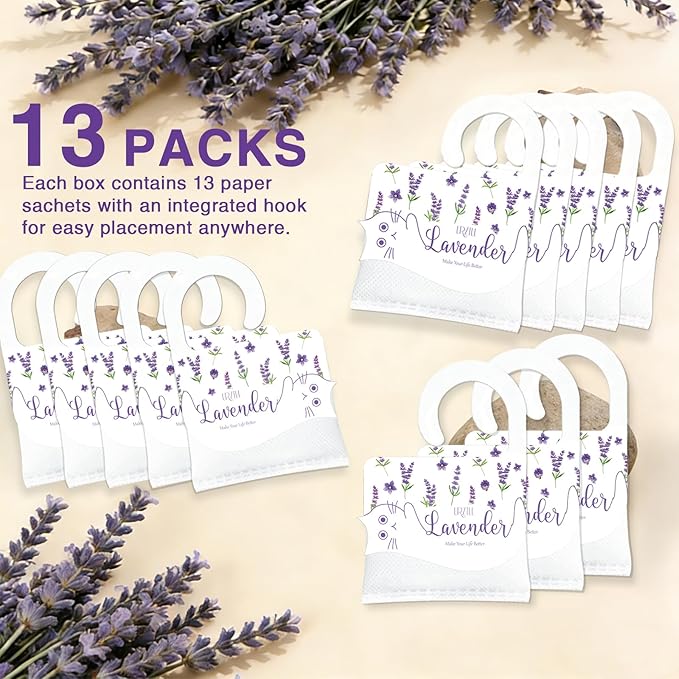 13 PCS Lavender Sachets Bags for Drawers and Closets, Hanging Scented Sachets Air Fresheners, Natural Home Fragrance Odor Eliminator for Wardrobe, Shoe Cabinet, Car & Bathroom Potpourri Bag
