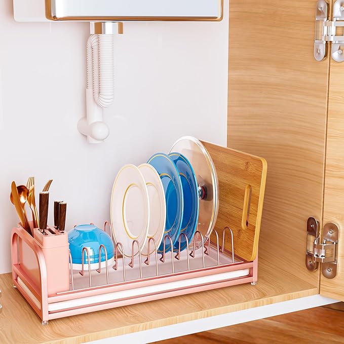 YEYPOP Pink Dish Rack - Small Dish Drying Rack for Limitied Kitchen Counter, Narrow Stainless Steel Dish Drainer w Tray, Cutlery Holder, Cute Kitchen Appliances Organizer for A Lovely You