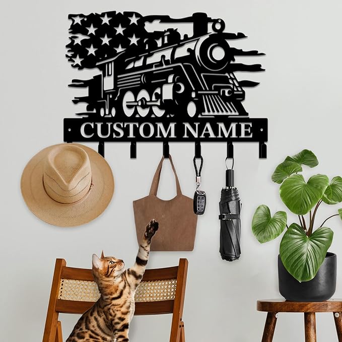 Personalized Train Metal Keys Hooks,Custom Name Metal Train Keys Hooks,Black Metal Train Wall Home Storage Decorative Keys Hooks,Key Holder Hooks for Wall (Style H)