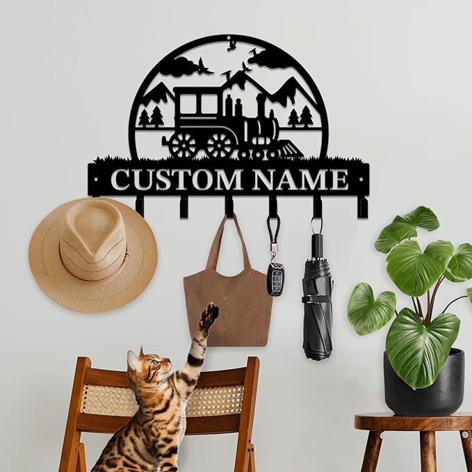 Personalized Train Metal Keys Hooks,Custom Name Metal Train Keys Hooks,Black Metal Train Wall Home Storage Decorative Keys Hooks,Key Holder Hooks for Wall (Style F)