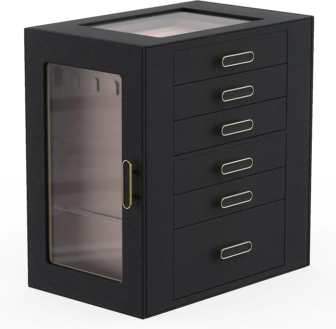 Jewelry Boxes for Women, 6 Layer Jewelry Organizer with Glass Lids, Jewelry Holder Organizer with 5 Drawers and 2 Glass Doors for Jewelry Storage, Big Jewelry Box for Womens Gift (Black)