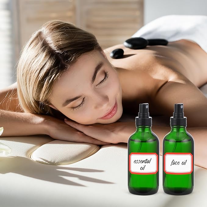 Fumete 36 Pcs Glass Spray Bottles 4oz Fine Mist Glass Spray Bottle Refillable Liquid Containers with 6 Labels 6 Funnel for Hair Travel Plants Cleaning Solutions Skin Care(Green,Classic)