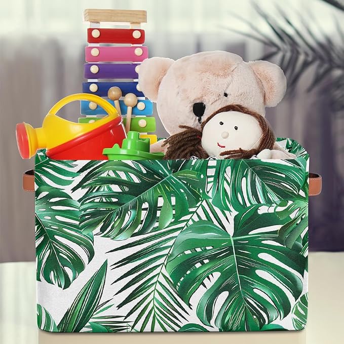 Tropical Palm Leaves Storage Basket for Shelves, Storage Bins with Handles, Collapsible Basket for Organizing, Closet Toy Baskets for Nursery Room, 15x11x9.5 in, Canvas, Green Monstera Leaf