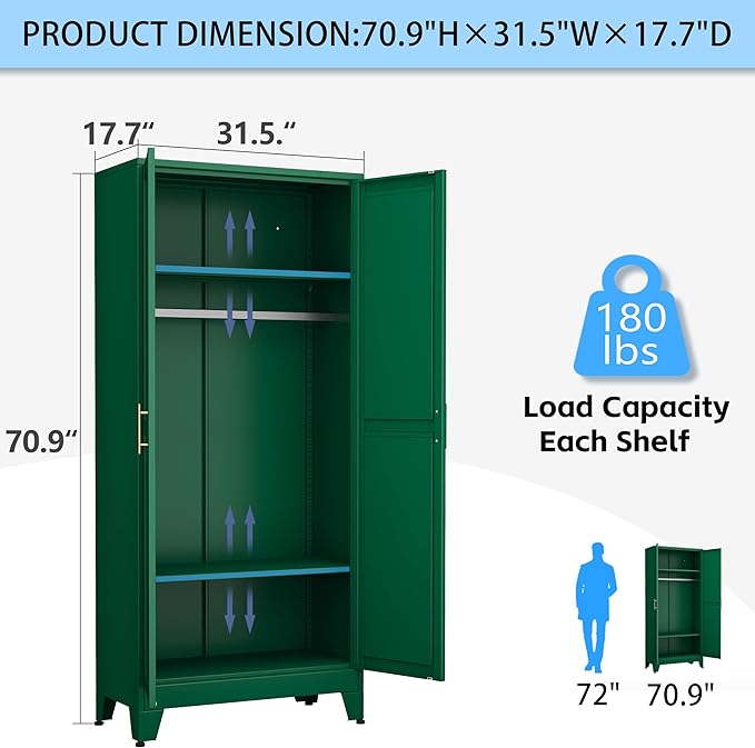 71 "Metal Armoire Wardrobe Closet, Steel Clothing Storage Cabinet with Adjustable Shelves and Hanging Rod, Household Steel Wardrobes Storage Cabinet with Adjustable standing feet (Wardrobe-Green)