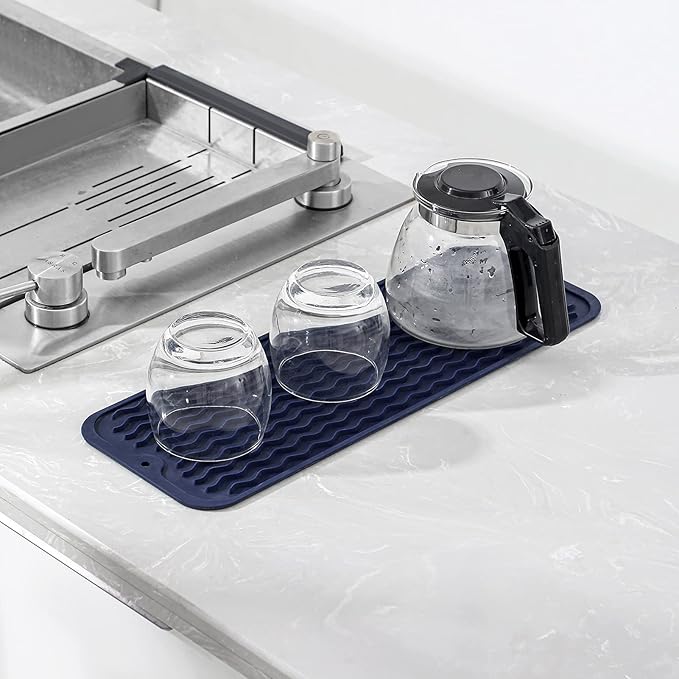 MicoYang Silicone Dish Drying Mat for Multiple Usage,Easy clean,Eco-friendly,Heat-resistant Silicone Mat for Kitchen Counter,Sink,Bar,Bottle,or Cup Navy Blue M 17 inches x 6 inches