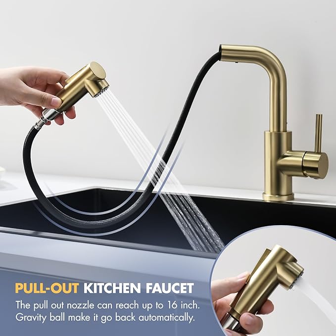 GIMILI Modern Bar Sink Faucet for Kitchen Sink Single Handle with Pull Out Sprayer Hot and Cold Prep Sink Faucet Brushed Gold