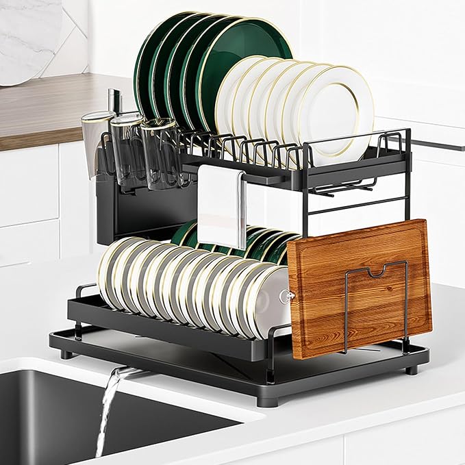 TOOPONE 2-Tier Dish Drying Rack with Drain Board,Large Dish Drying Rack for Kitchen Counter, Detachable Large Capacity Dish Drainer Organizer with Utensil Holder