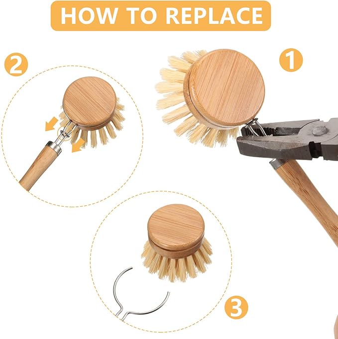 Patelai 8 Pieces Wooden Kitchen Dish Brush Include Bamboo Scrub Cleaning Brush and Replacement Heads Dish Scrubber for Kitchen Room Cleaning Supplies