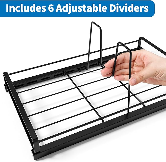 GAGUIUP Food Container Lid Organizer, Adjustable 6 Dividers Full-Metal Pot and Pan Organizer Rack for Kitchen Cabinets, Drawers, Cupboards, Pantry Shelves Storage, Black