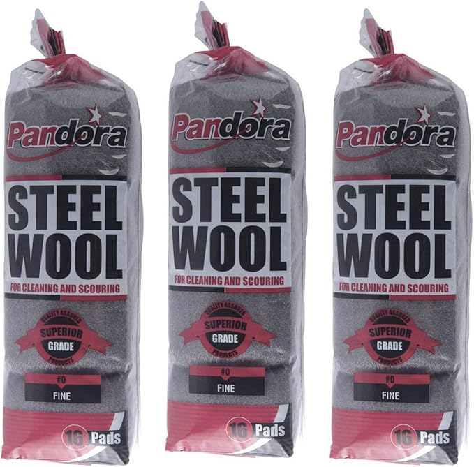 Pandora Steel Wool #0 - Fine Grade, 48 Pads for Cleaning and Scouring- Metal Strands - Ideal for Cleaning Porcelain, Tile, Grout, and Shower Doors