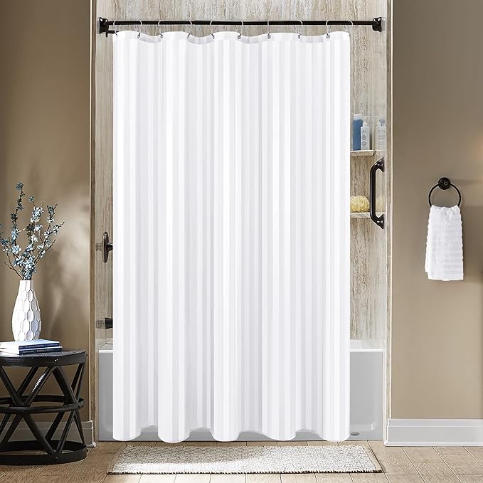 Biscaynebay Fabric Shower Curtain or Liner 72" X 72", White Water Repellent Damask Stripes Bathroom Curtains Machine Washable