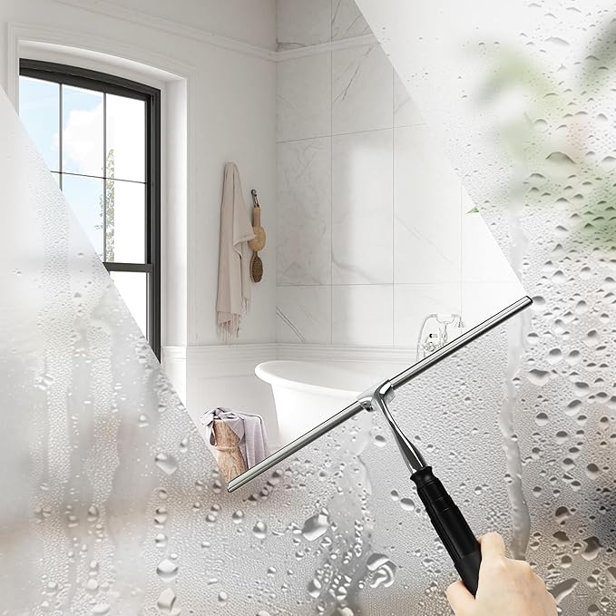 Eahwey 12-51’’ Telescopic Window Squeegee for High Windows, 2-in-1 Window Cleaning Kit with Extra Silicone Blade & Hook, Professional Squeegee for Shower Glass Doors, Car Windshield & Outdoor Use