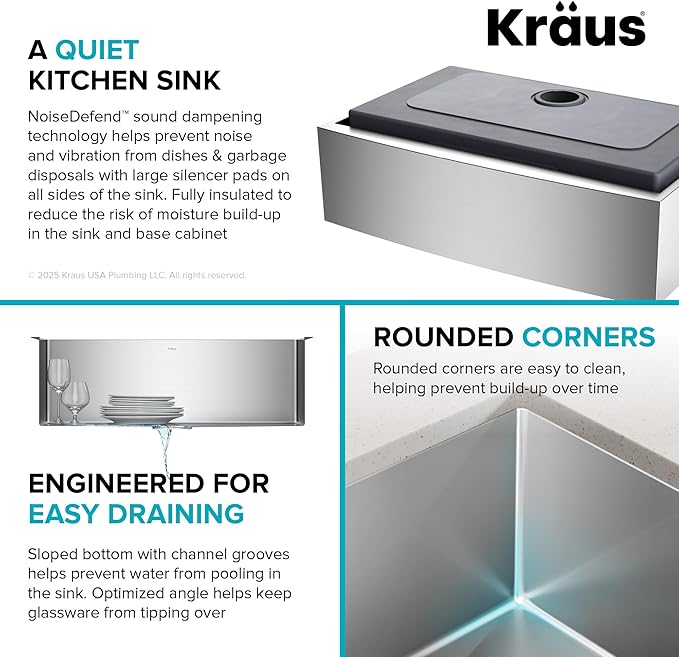 Kraus KHF200-33 Standart PRO Stainless Steel Sink 33 inch Farmhouse Apron Single Bowl 16 gauge