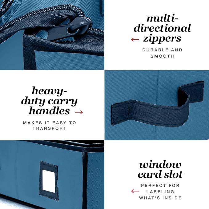 Premium Wrapping Paper Organizer Storage | Gift Wrap Holder with Extra Pockets for Christmas Decorations, Reinforced Handles, Heavy Duty, Ultra-Durable, Tear-Proof Fabric - Fits Up to 27 Rolls (Blue)
