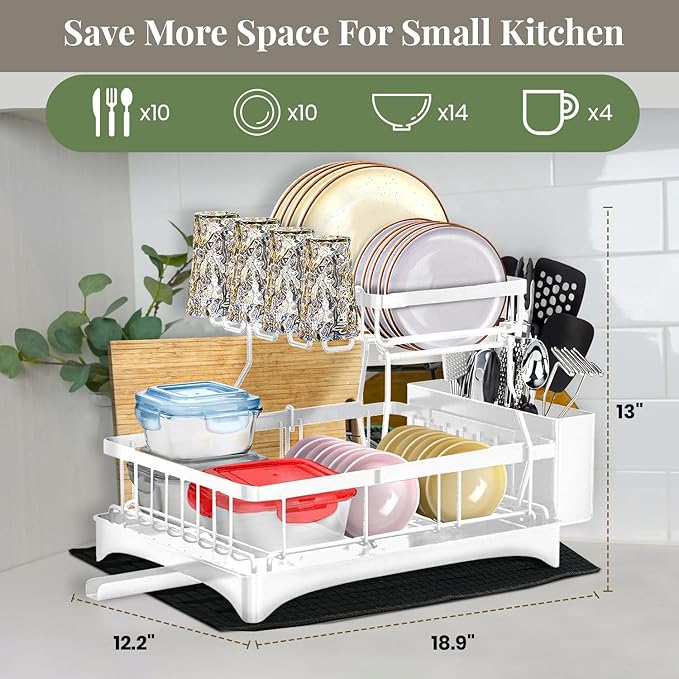 DINEST 2 Tier Dish Drying Rack with Drainboard – Rust Resistant Iron Kitchen Dish Rack with 270° Rotating Spout, Utensil & Plate Holders – Compact Drying Rack for Kitchen Counter - White