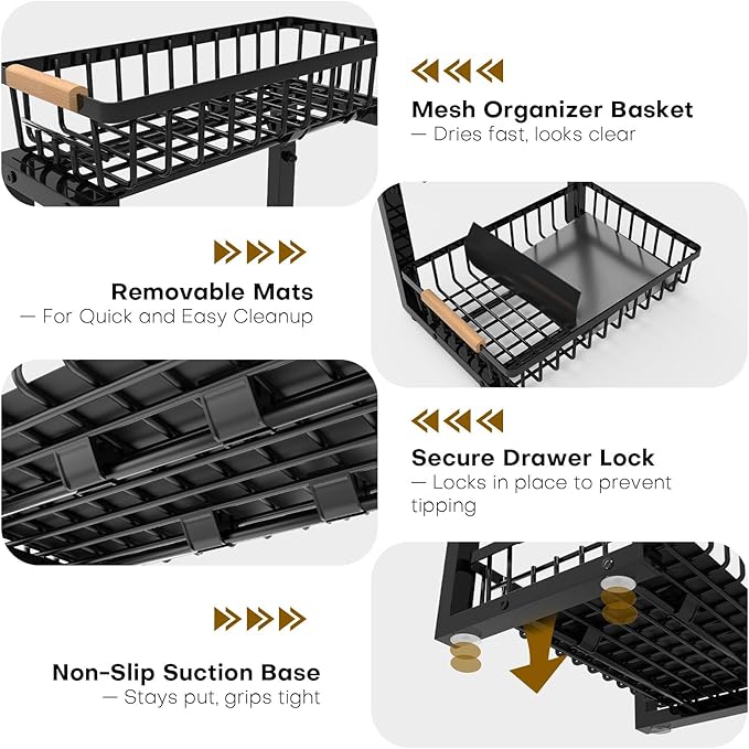 ZELOREA Under Sink Organizer, Heavy-Duty & Rust-Resistant Carbon Steel Metal, 2 Tier Pull Out Under Bathroom Sink Storage, Adjustable Height (13.8" -16.9"), Organizer for Kitchen Cabinet(2PCS,Black)