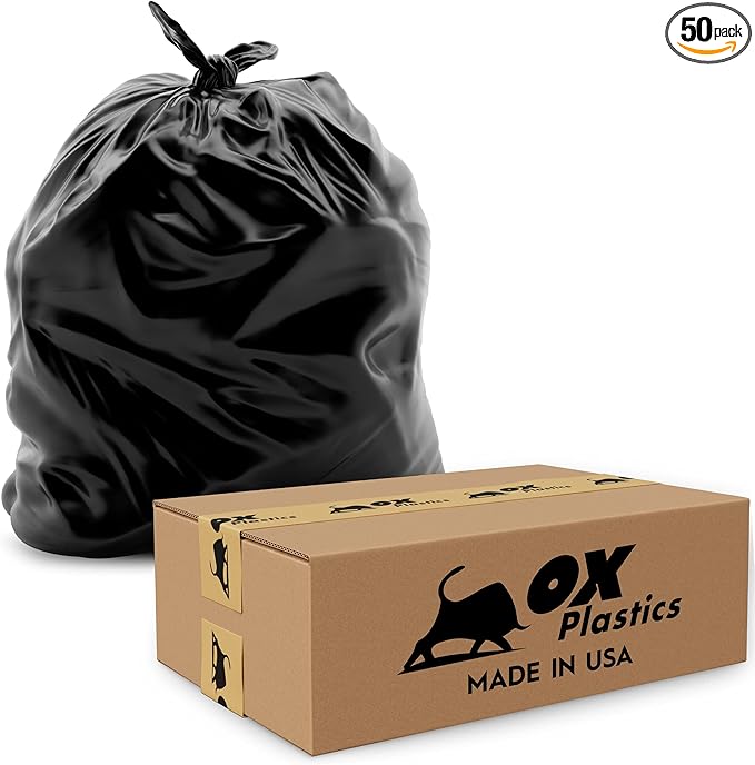 OX Plastics Black Trash Bags - Heavy Duty Garbage Bags, Extra Thick Unscented Large Trash Can Liners for Home, Outdoor, and Commercial Use - 42 Gallon, 50 Count