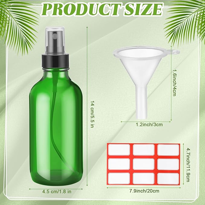 Fumete 36 Pcs Glass Spray Bottles 4oz Fine Mist Glass Spray Bottle Refillable Liquid Containers with 6 Labels 6 Funnel for Hair Travel Plants Cleaning Solutions Skin Care(Green,Classic)